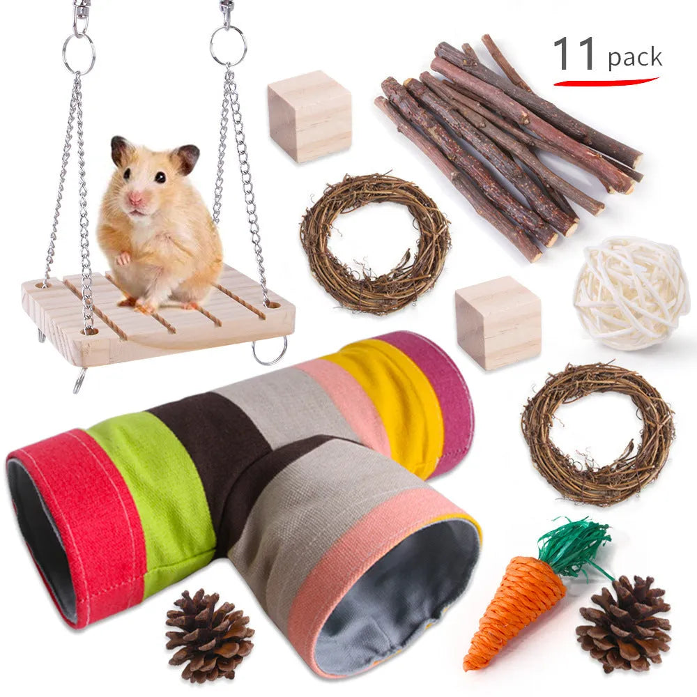 Natural wooden chewing toy set for small animals including straw mats, woven balls and plant-based components