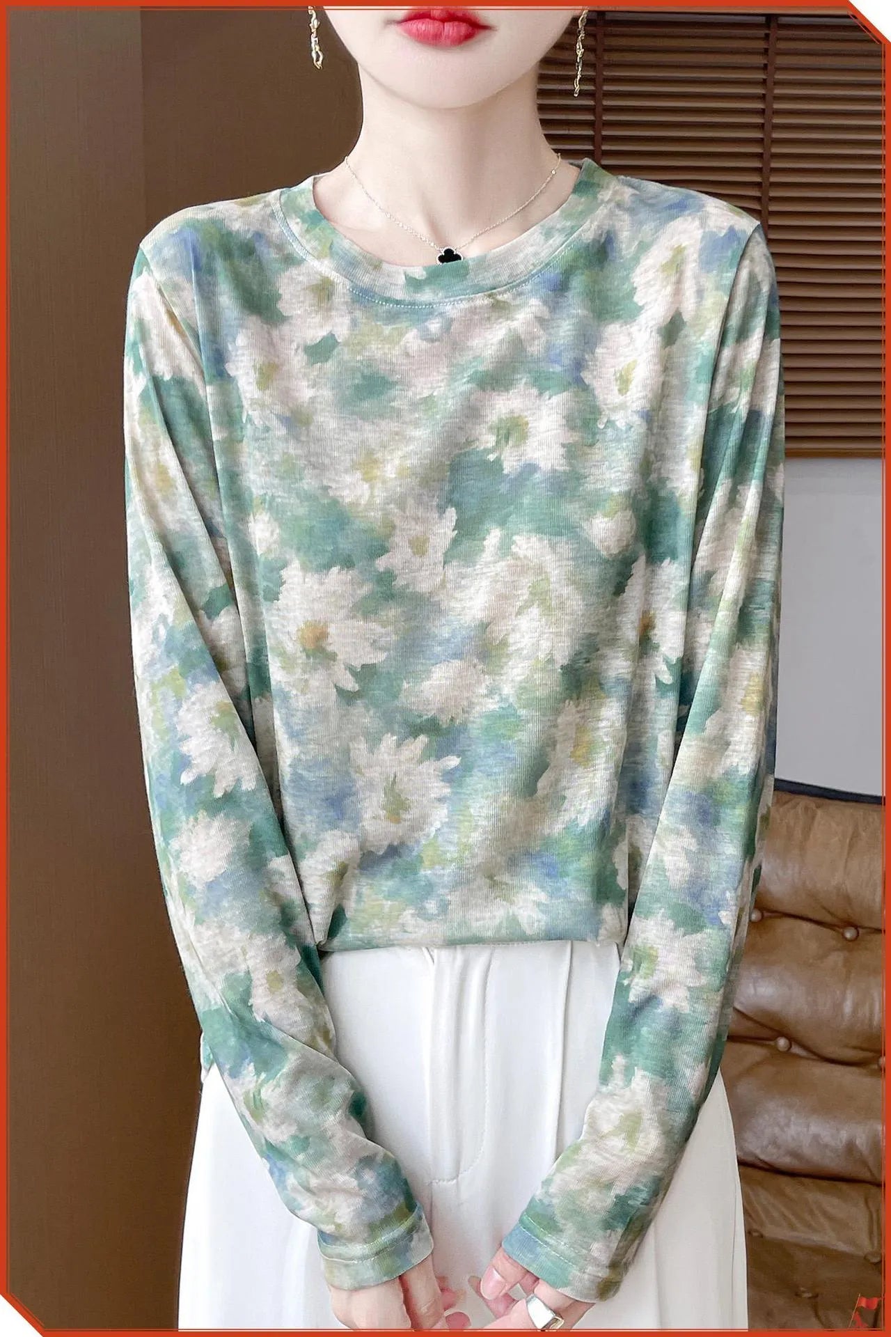 Women's round neck Tencel cotton pullover shirt with floral print, shown in a basic style with regular sleeves.