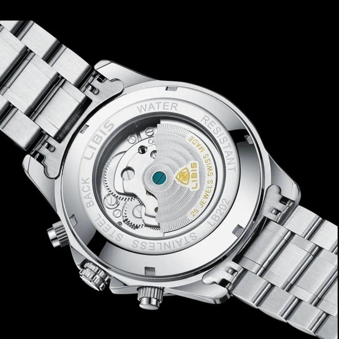Men's silver automatic perpetual calendar mechanical watch with stainless steel belt and sapphire crystal