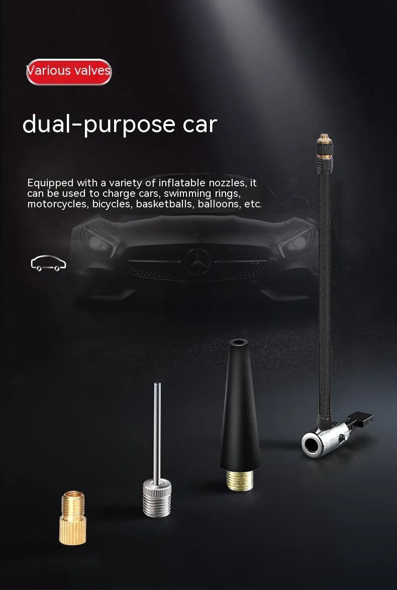 Red and black car wireless air pump with nozzles and power cables for tyre inflation