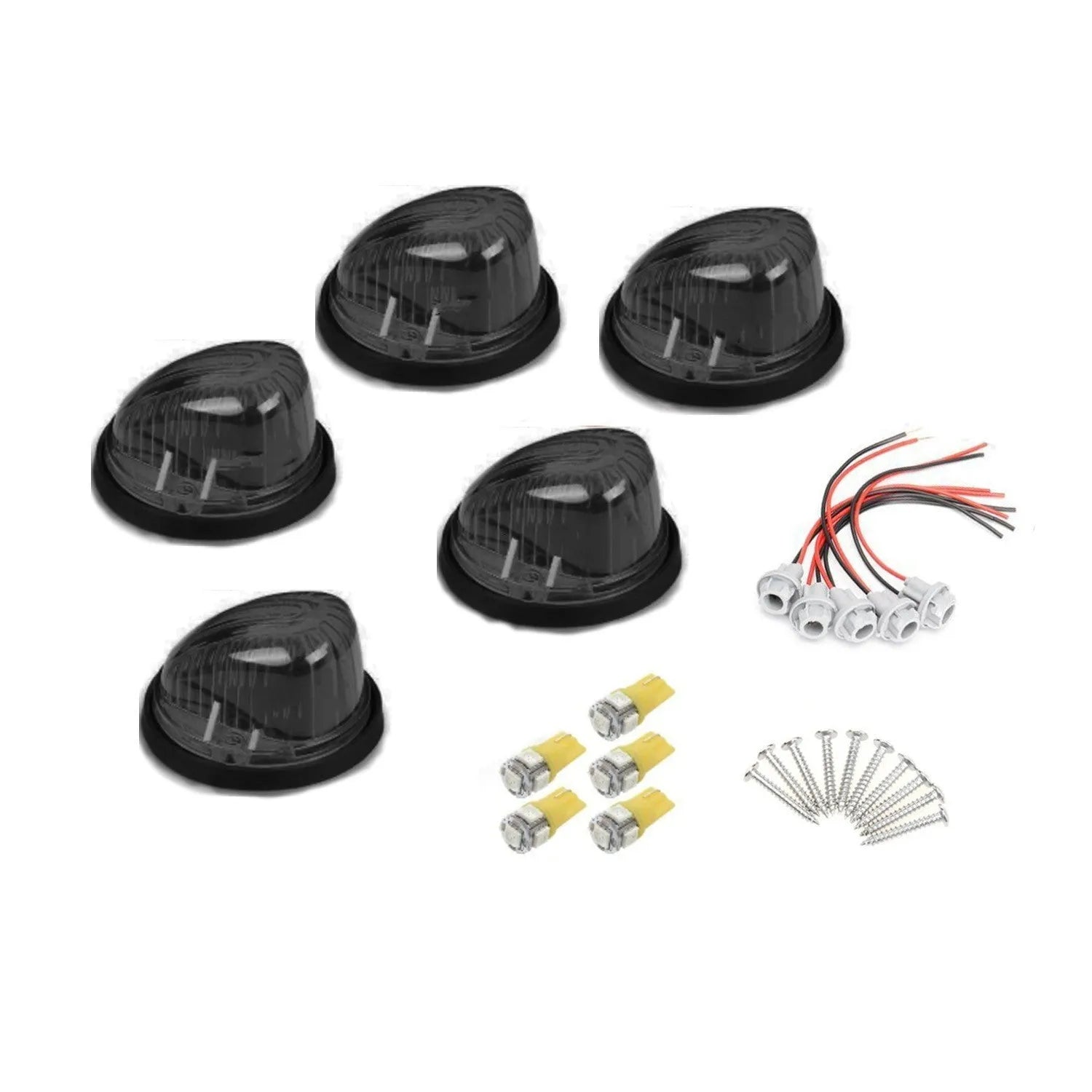 Five-pack of 12V LED roof cab marker lights with yellow, clear, and smoked black polycarbonate lenses.