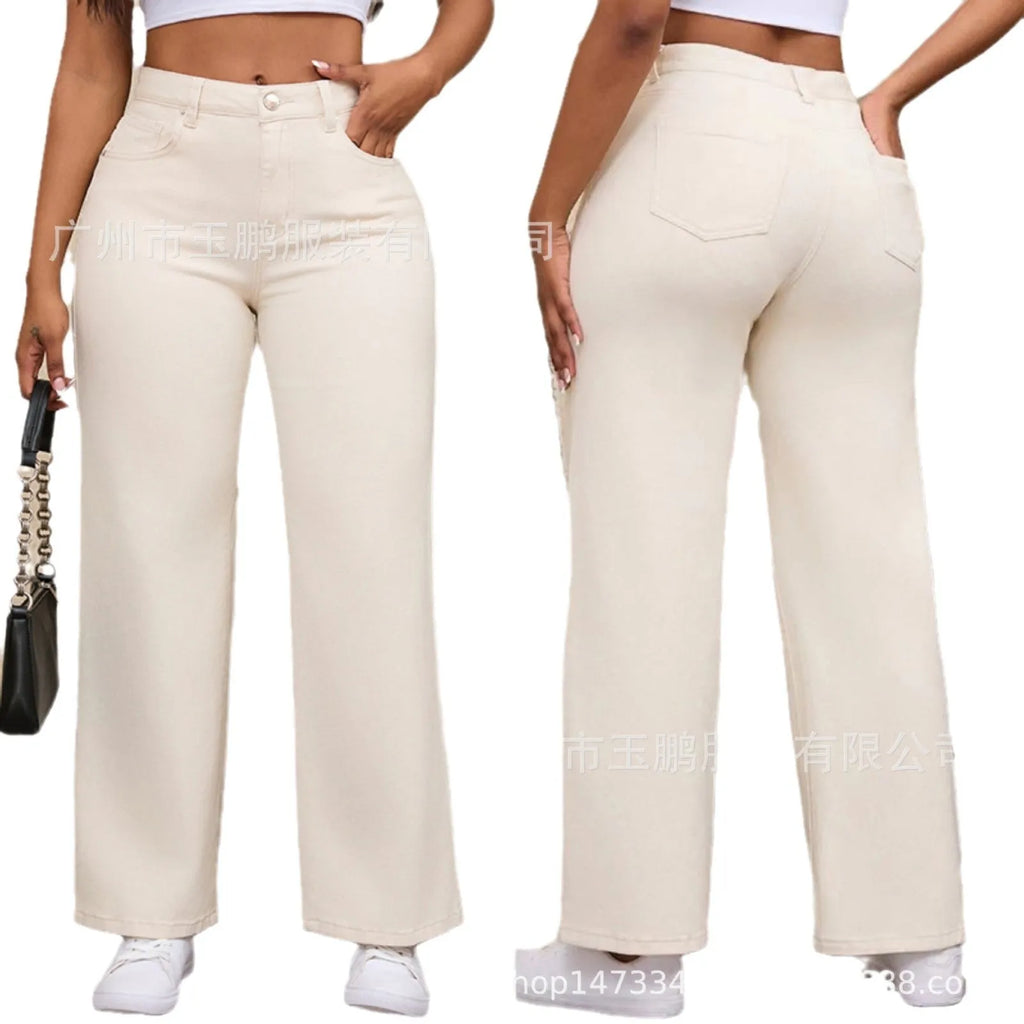 Women's apricot high-waist wide-leg straight jeans on a hanger