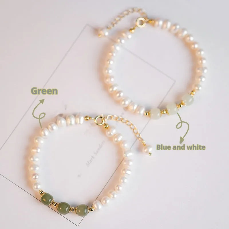 Korean style natural freshwater pearl bracelet with diamond-shaped beads in a Hetian jade electroplated finish.