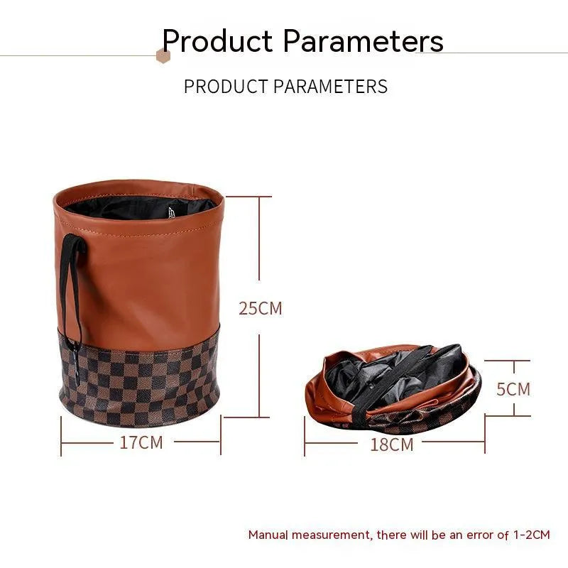 Retractable leather car interior trash can shown in available colour with folding handle design
