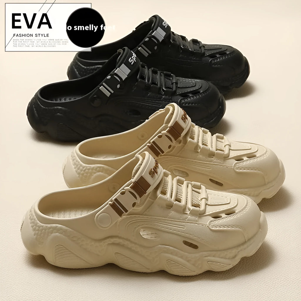 Men's khaki outdoor slippers with hollow-out design and textured EVA sole.