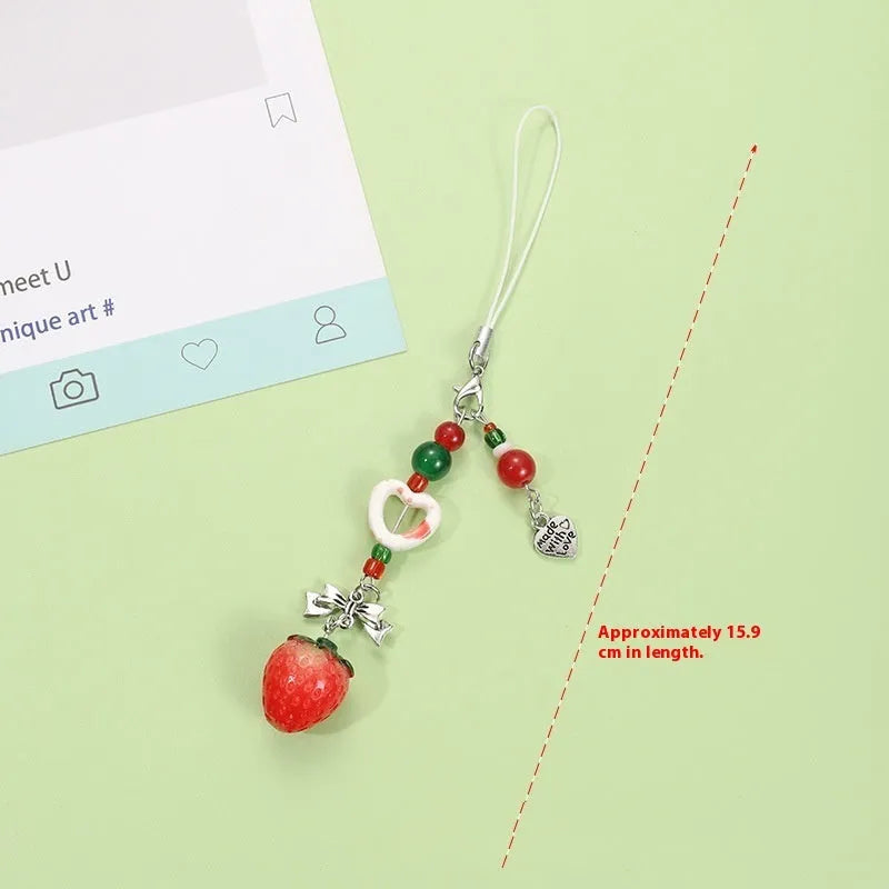 Half-handmade fruit pattern mobile phone earphone bag pendant keychain with apple and strawberry designs