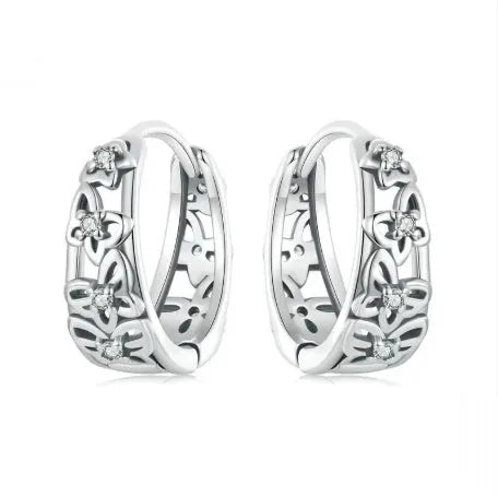 Retro hollow butterfly zircon earrings in sterling silver with 14mm height and 5mm width dimensions