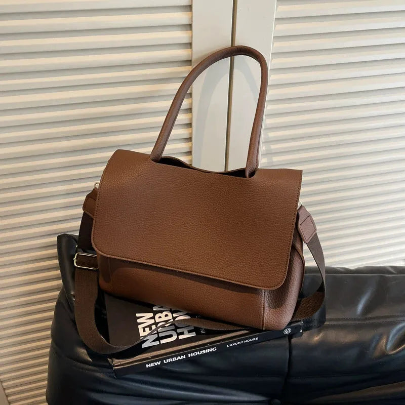 Vintage casual horizontal square PU tote bag with double straps in beige colour.