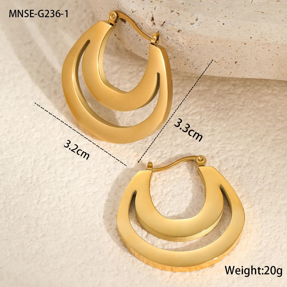 Geometric French earrings with circular ring elements in 18K gold plated metallic finish