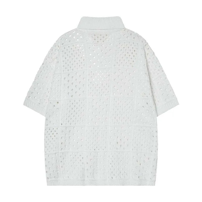 Solid colour hollow high sense short-sleeved knitting polo shirt in loose cardigan style