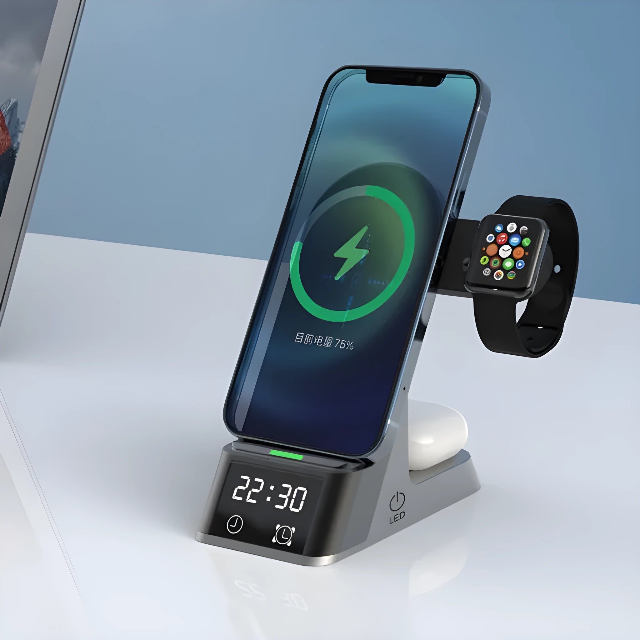 Black six-in-one wireless charging alarm clock with Apple Watch charging pad and USB port
