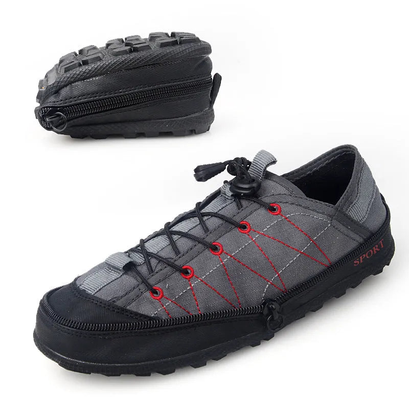 Men's folding outdoor hiking shoes with side zipper in black, grey, or orange colours.