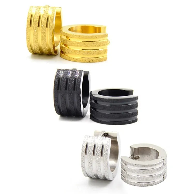 Three-line frosted geometric titanium steel earrings in black, gold or steel colour options