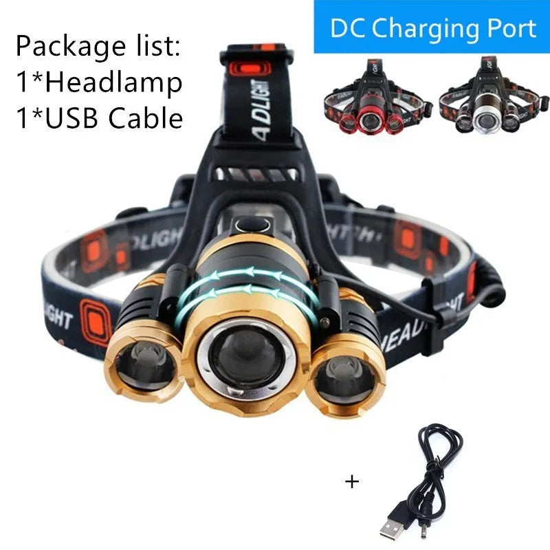 Aluminium alloy rechargeable headlamp with adjustable headband and bright Cree LED light.