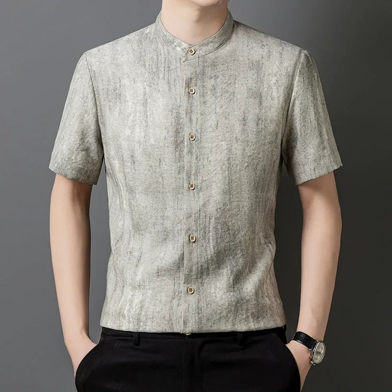 Men's loose fit linen blend stand collar shirt in cardigan style, solid colour options Black Grey or White Grey