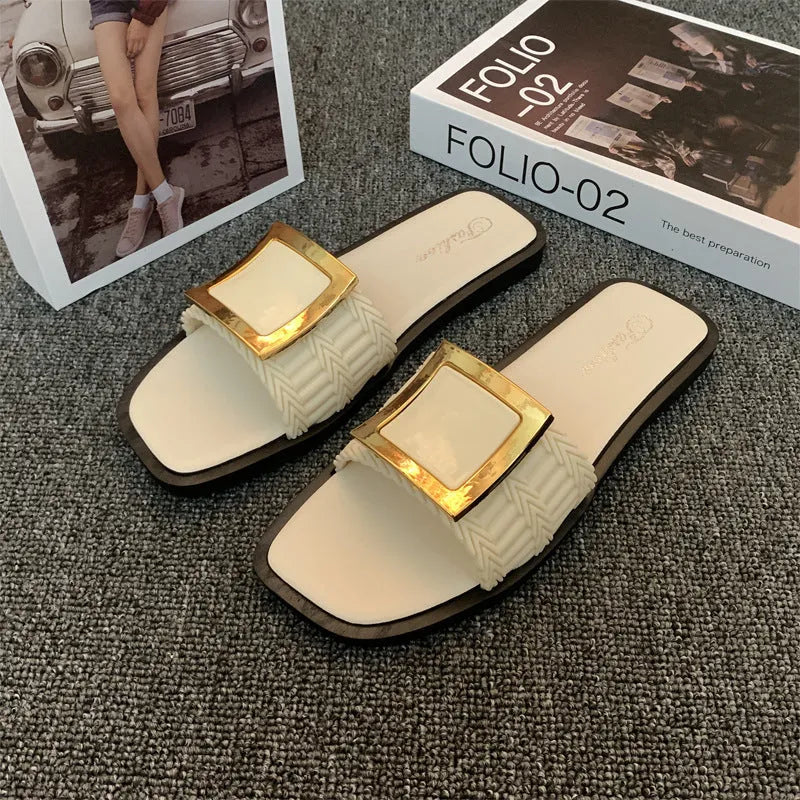 Women's apricot, black, and khaki flat summer slippers with a textured PVC sole.