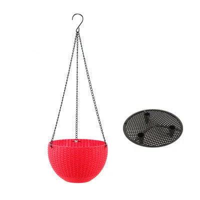 Plastic hanging basket with chain and inner pot in one of seven colours.