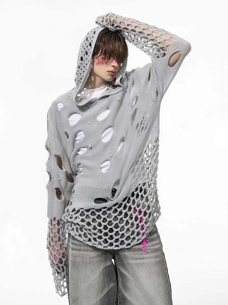 Black men's loose-fit hollow knit hoodie with pearl decorative detail on the front.