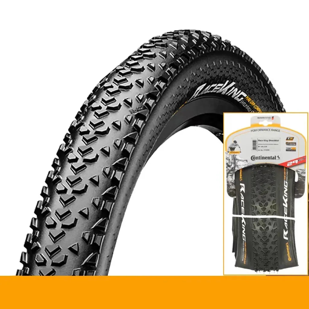 Mountain bike tyre showing tread pattern, available in yellow and white colours for 26, 27.5, and 29-inch wheel sizes
