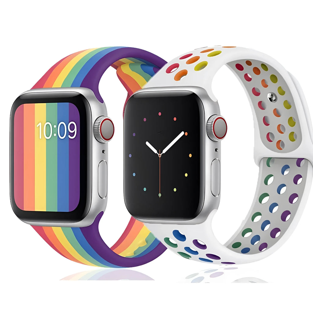 Adjustable silicone sports wristband strap in black, rainbow, or white with a buckle.