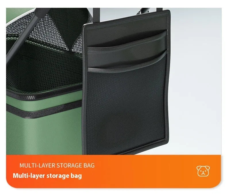 Black one-click folding metal pet cart in Black Warrior basic style, shown with detachable components.