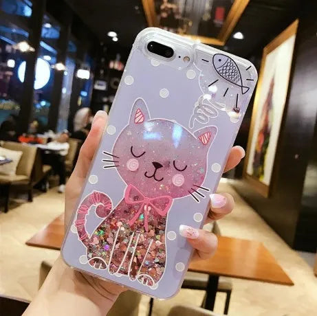 Four glitter cat phone cases for iPhone with bright colours and feline designs