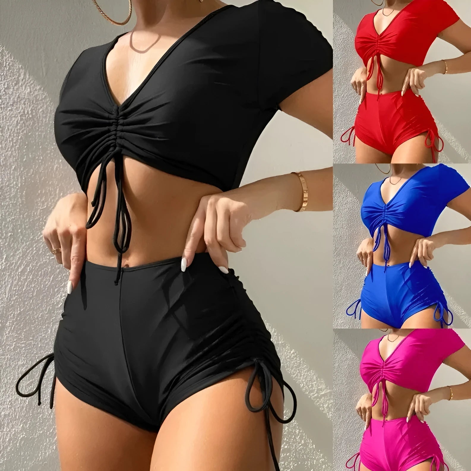 Lady lace-up bow front swimsuit set with matching shorts in multiple colour options