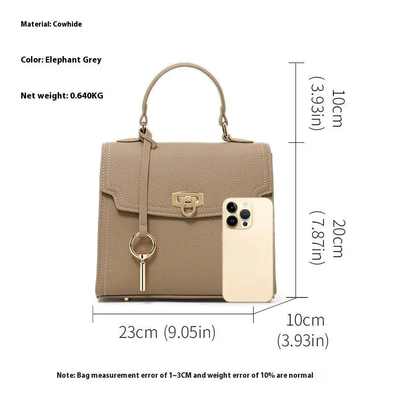 Elephant grey genuine leather vintage handbag with litchi pattern and lock closure