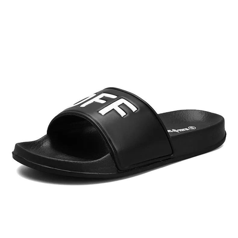 Men's open-toe slippers with rubber sole available in black and white colours for larger foot sizes