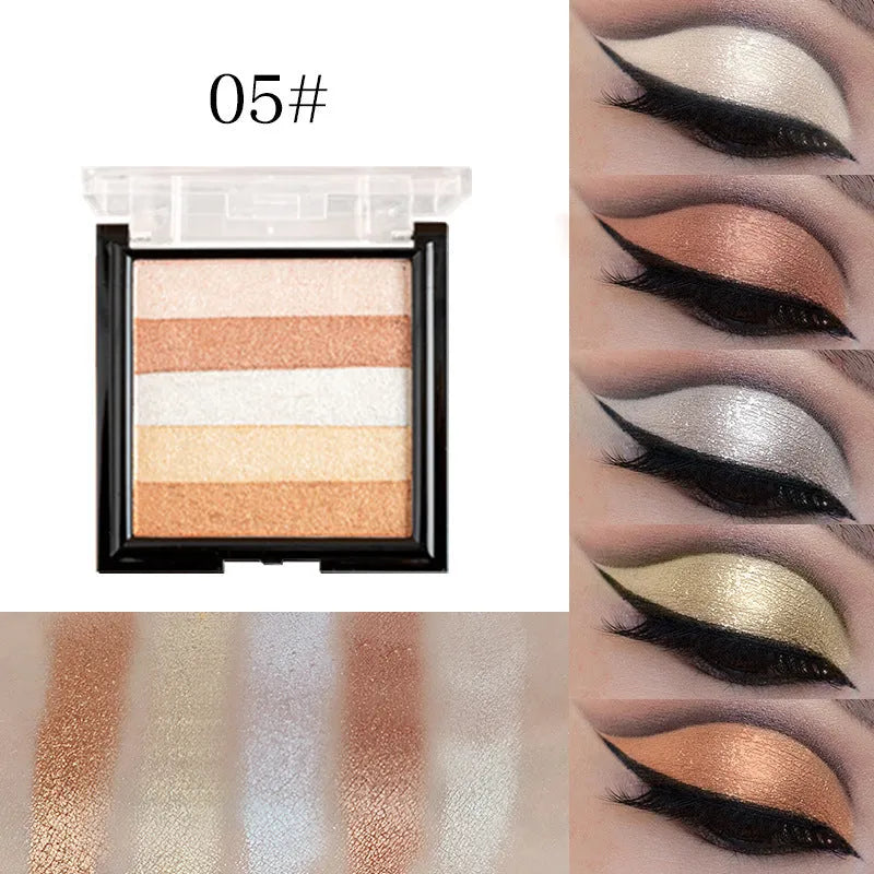 Highlight and contour eye shadow palette with six colour options for universal skin types.