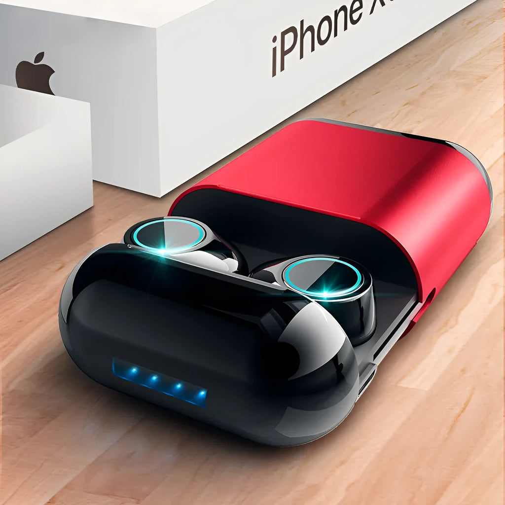 Black true wireless stereo Bluetooth earplugs with charging case on a grey background.