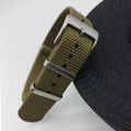 Nylon integrated watch strap in military colours showing 20mm and 22mm width options