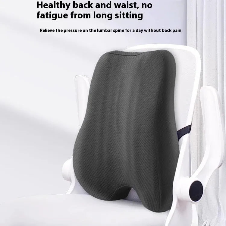 Office chair lumbar support pillow in grey colour showing contour design for lower back comfort