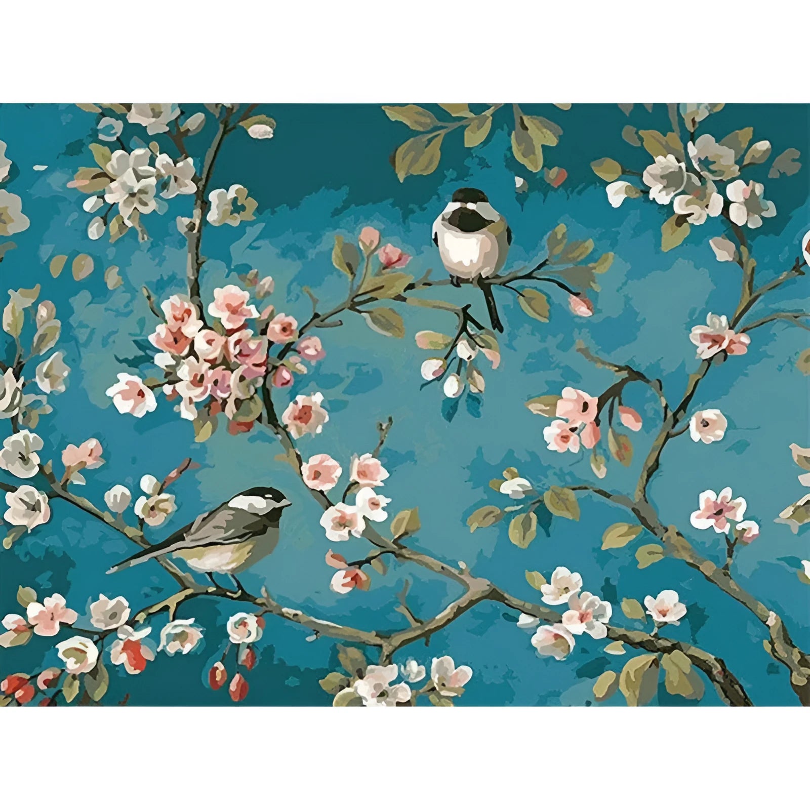 Hand-painted abstract digital oil painting of blue flowers and birds on linen canvas 40x50cm