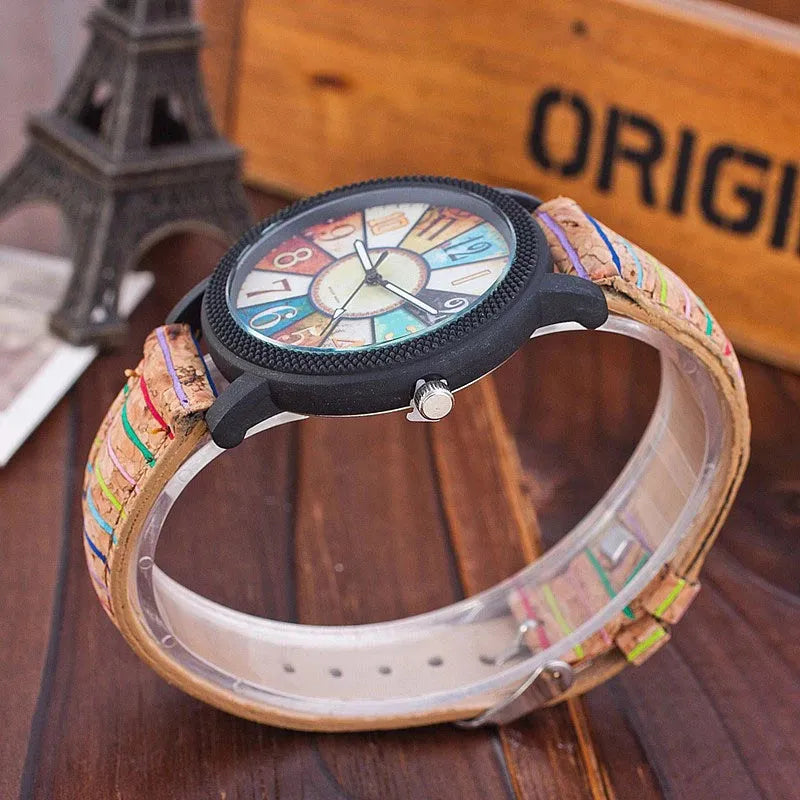 Women's vintage leather quartz wrist watch with 37mm round dial and stainless steel buckle