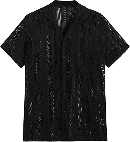 Man wearing a black knitted short-sleeved button shirt cardigan with a jacquard texture.