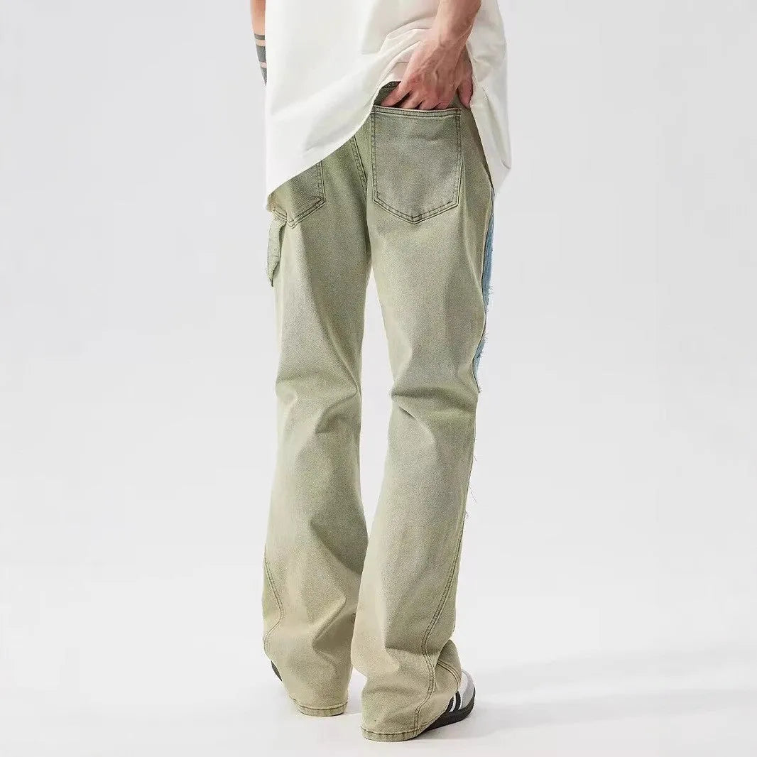 Yellow and blue retro patchwork jeans with splash-ink damaged design, mid waist and straight leg