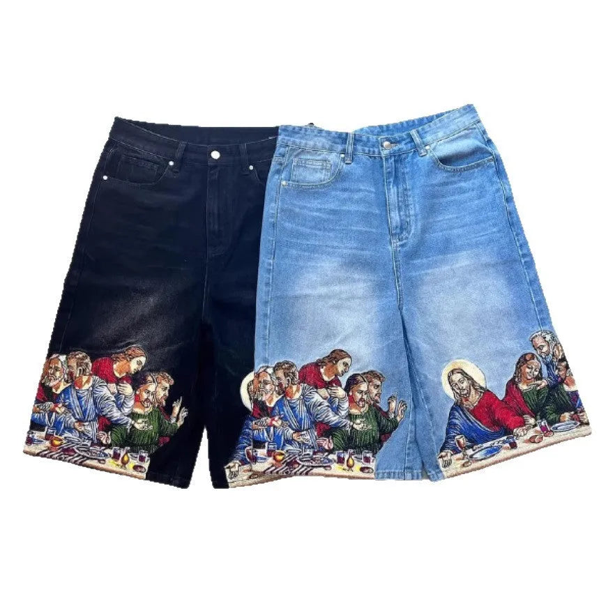 Blue men's cotton shorts with a Jesus graphic printed on the back pocket