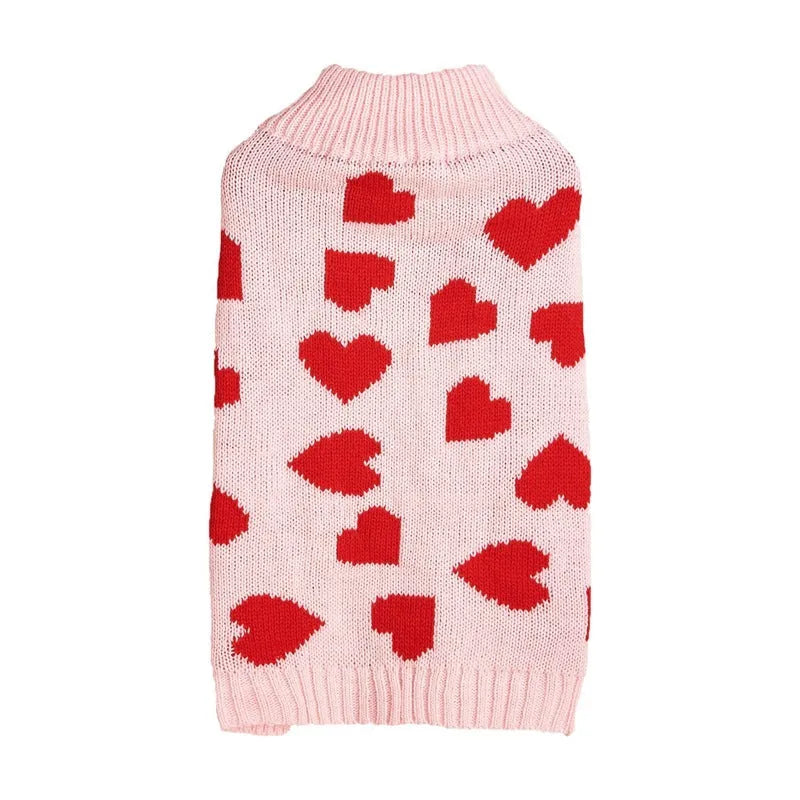 Acrylic knit dog sweater with bow and heart design in various colour patterns