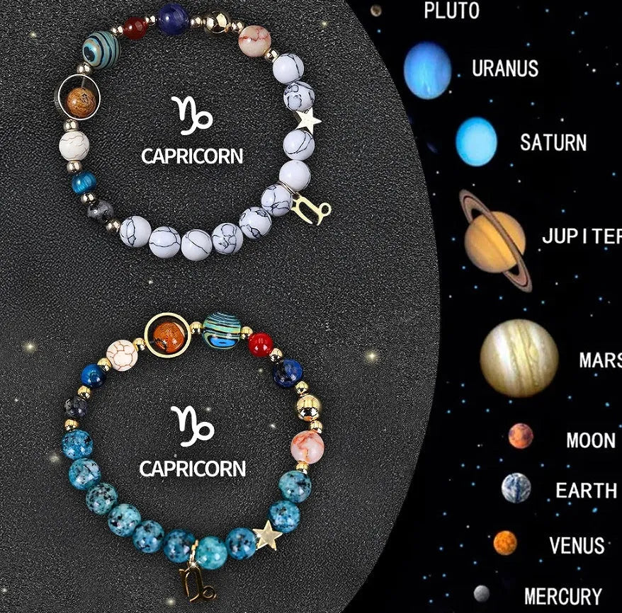 Twelve zodiac sign bracelets with natural stone beads on elastic cords showing all astrology symbols