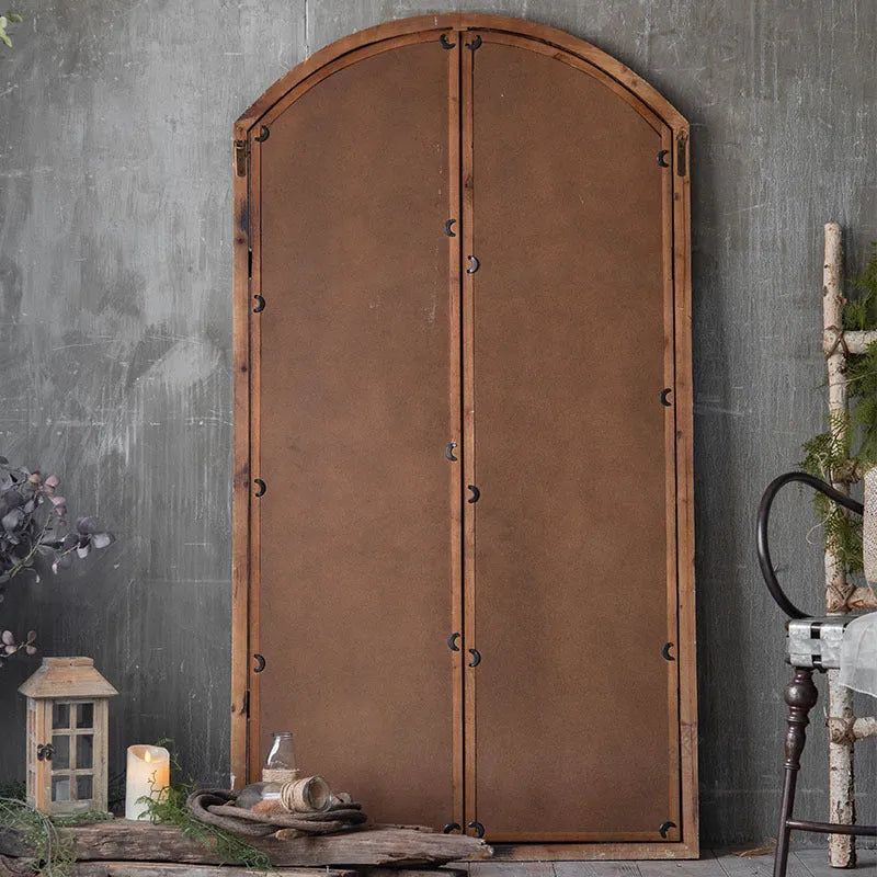 Distressed wooden frame fake window wall mirror in log colour