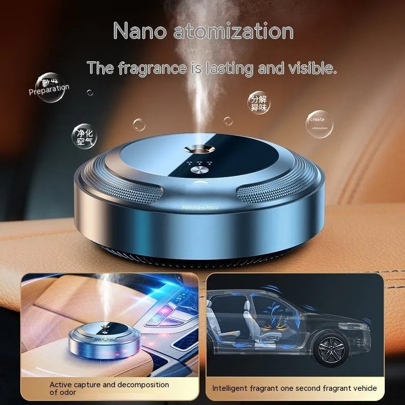 Car air freshener diffuser with zinc alloy shell, automatic spray function and three fragrance oil bottles