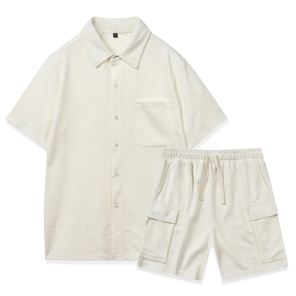 Women's beige polyester short sleeve top and elastic waist shorts two-piece set