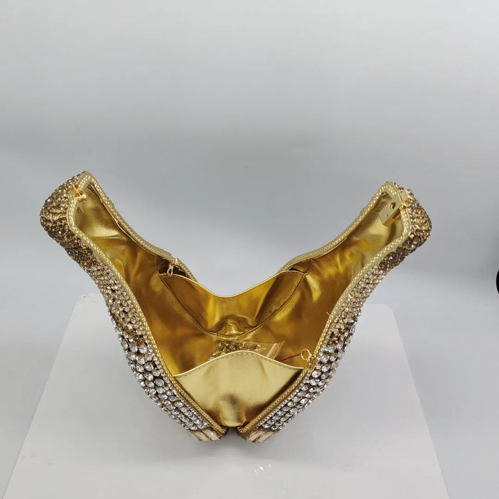 Gold champagne bottle shaped evening clutch bag with rhinestones, measuring 12cm by 7.5cm by 20cm