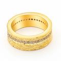 Gold geometric zircon ring with angular design on copper construction