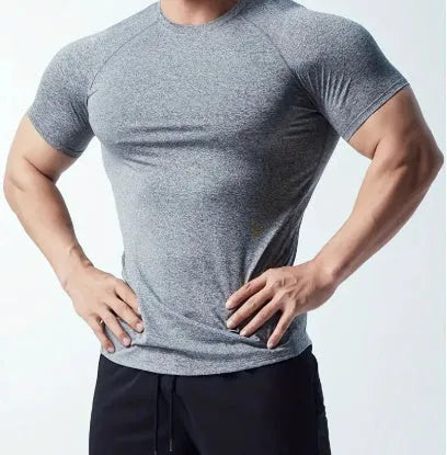 Men's black quick-dry polyester casual short sleeve t-shirt on a hanger.