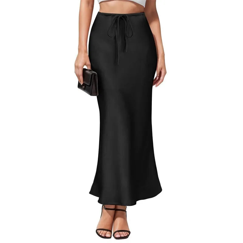 Asymmetric high-waist acetate satin skirt with irregular stitching in solid colour