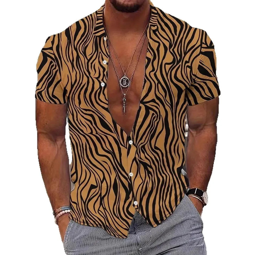 Men's slim fit short sleeve shirt with geometric line printing on lapel in polyester fabric