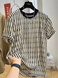 Black striped short sleeve men's shirt with loose fit and linen-silk fabric