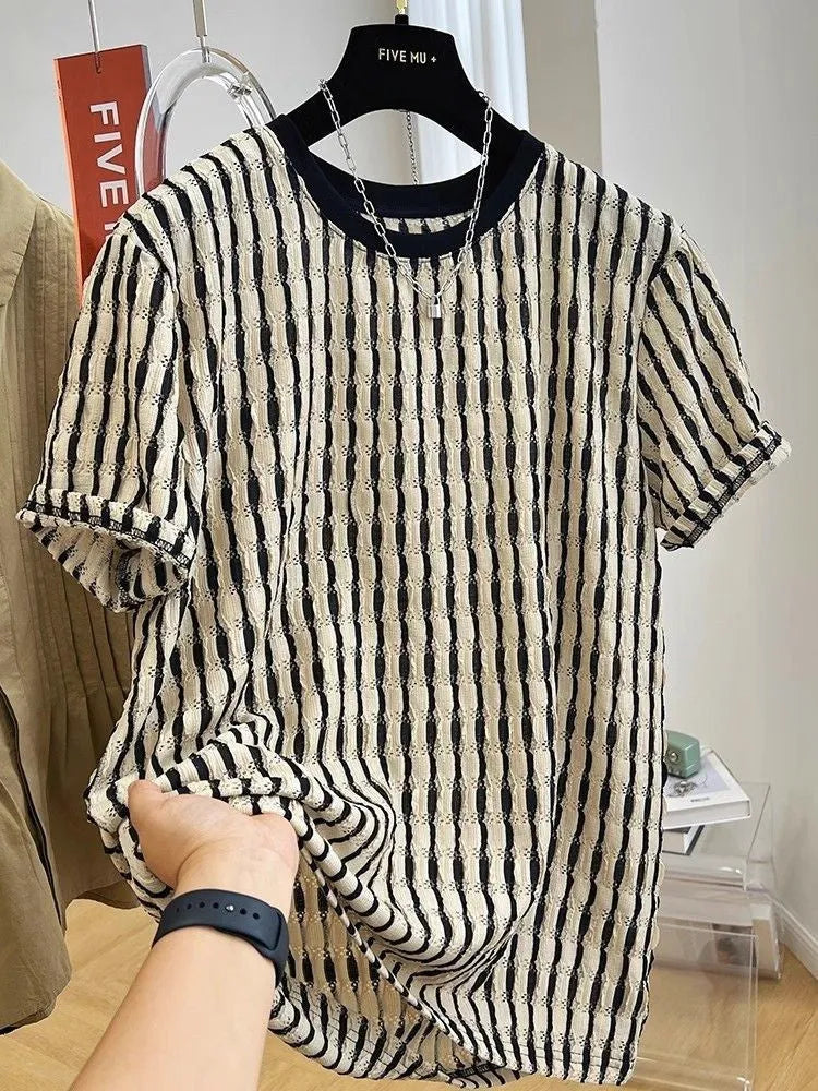Black striped short sleeve men's shirt with loose fit and linen-silk fabric